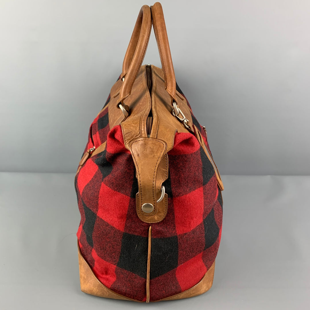 PENDLETON Tan Red Black Checkered Wool Leather Overnight Bag