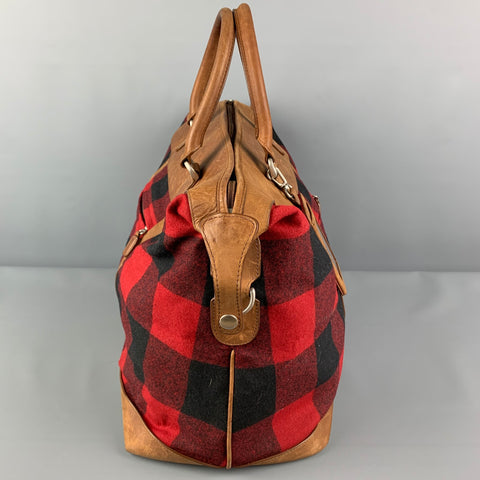 PENDLETON Tan Red Black Checkered Wool Leather Overnight Bag