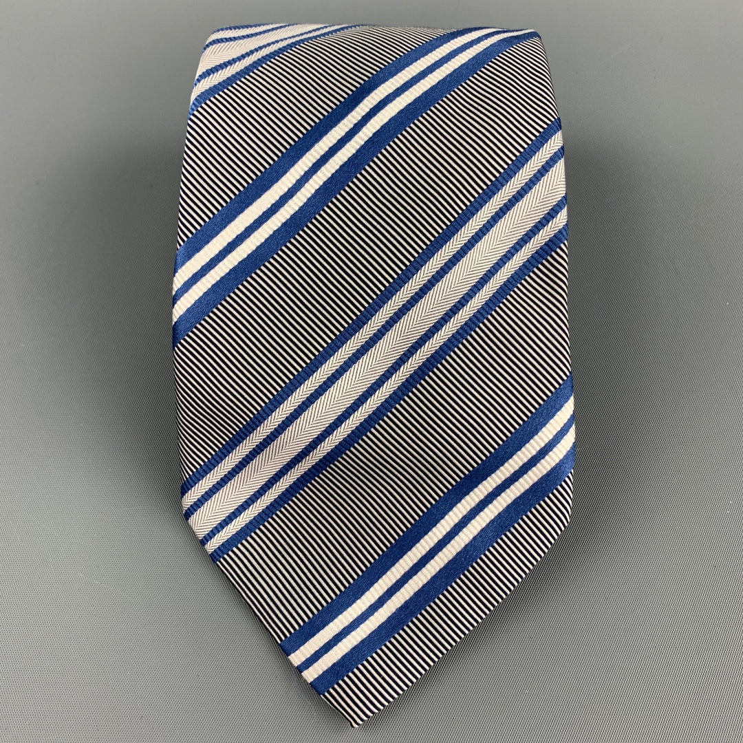 ERMENEGILDO ZEGNA Blue & White Diagonal Stripe Silk / Cotton Tie