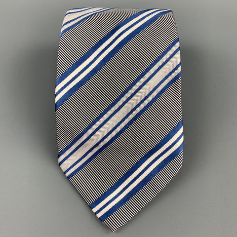 ERMENEGILDO ZEGNA Blue & White Diagonal Stripe Silk / Cotton Tie