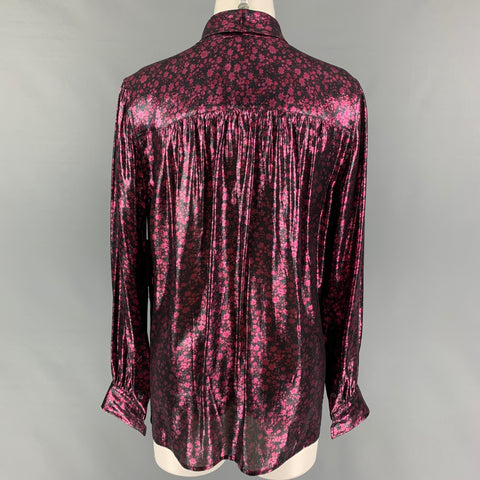 MARC JACOBS Size 10 Black Purple Silk Polyester Floral Bow Blouse