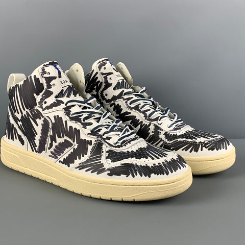 MARNI x VEJA Size 10.5 White Black Scribble Leather High Top Sneakers