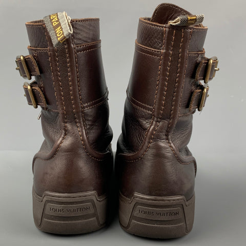 LOUIS VUITTON Size 11 Brown Leather Lace Up & Belt Boots