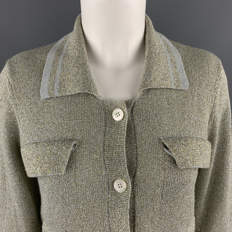 DRIES VAN NOTEN Size M Silver & Gold Sparkle Knit Collared Cardigan