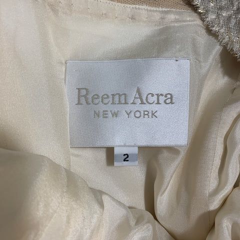 REEM ACRA Size 2 Metallic Gold & Silver Layered Jacquard One Shoulder Cocktail Dress