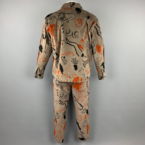 CARNE BOLLENTE Size L Taupe & Black Orange Graphic Cotton Velvet Suit
