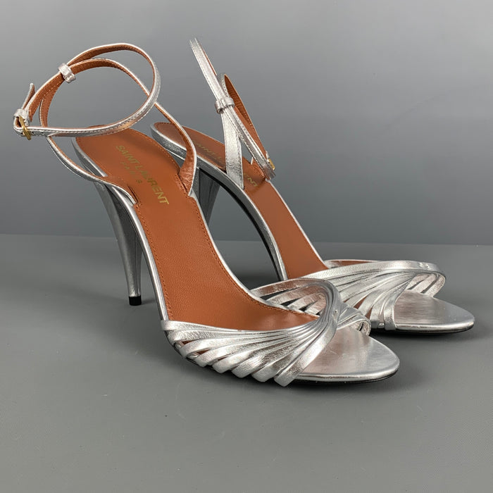 SAINT LAURENT Size 7.5 Silver Leather Ankle Strap Sandals