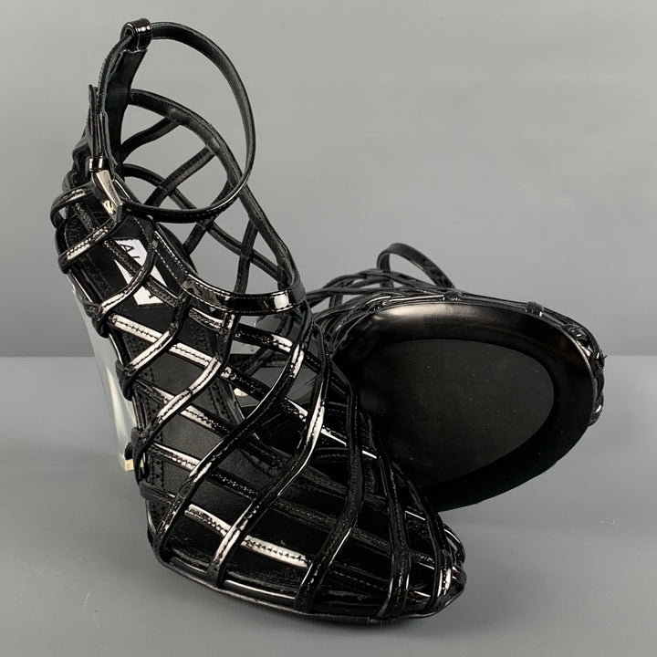 ALAIA Size 7 Black Caged Patent Leather Wedge Sandals