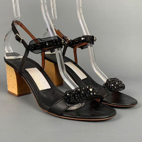 LANVIN Talla 9 Sandalias con cinta de seda y cuero negro