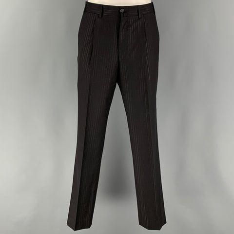 LANVIN Size 36 Black Stripe Wool Peak Lapel 30 28 Suit