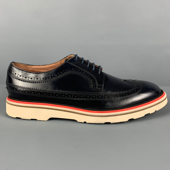 PAUL SMITH Size 7.5 Navy White Perforated Leather Wingtip Lace Up Shoes