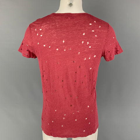 IRO Size S Burgundy Distressed Linen Crew-Neck Clay T-shirt