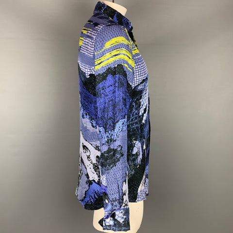 JUST CAVALLI Camisa Manga Larga Puño Francés Seda Estampado Azul &amp; Amarillo Talla L