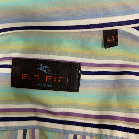 ETRO Taille M Chemise à manches longues en coton à rayures noires et vertes
