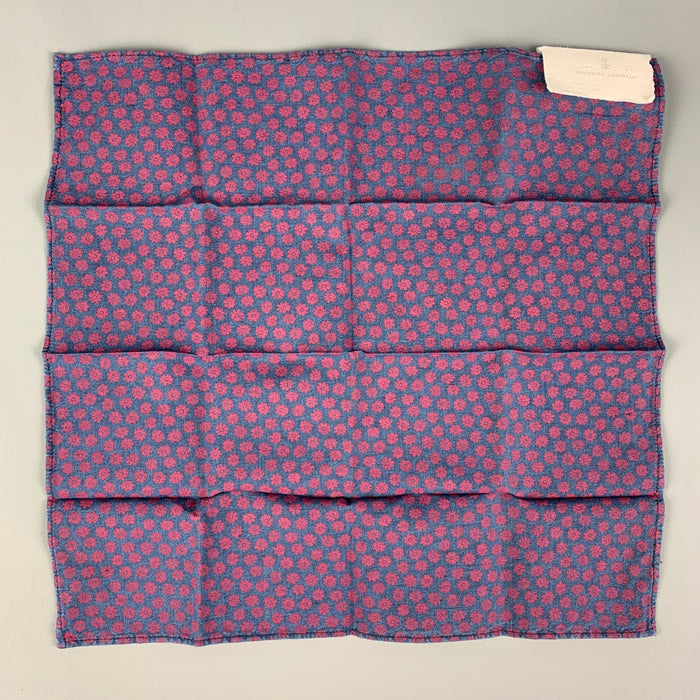 BRUNELLO CUCINELLI Navy Red Floral Linen Cotton Pocket Square