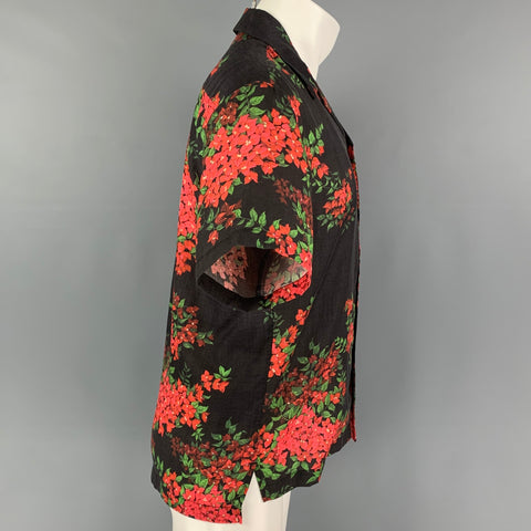 JOHN ELLIOTT SS19 Size S Black Red Floral Print Lyocell Camp Short Sleeve Shirt