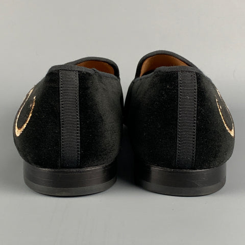 STUBBS & WOOTTON Size 9 Black Velvet Embroidered Slip On Flats