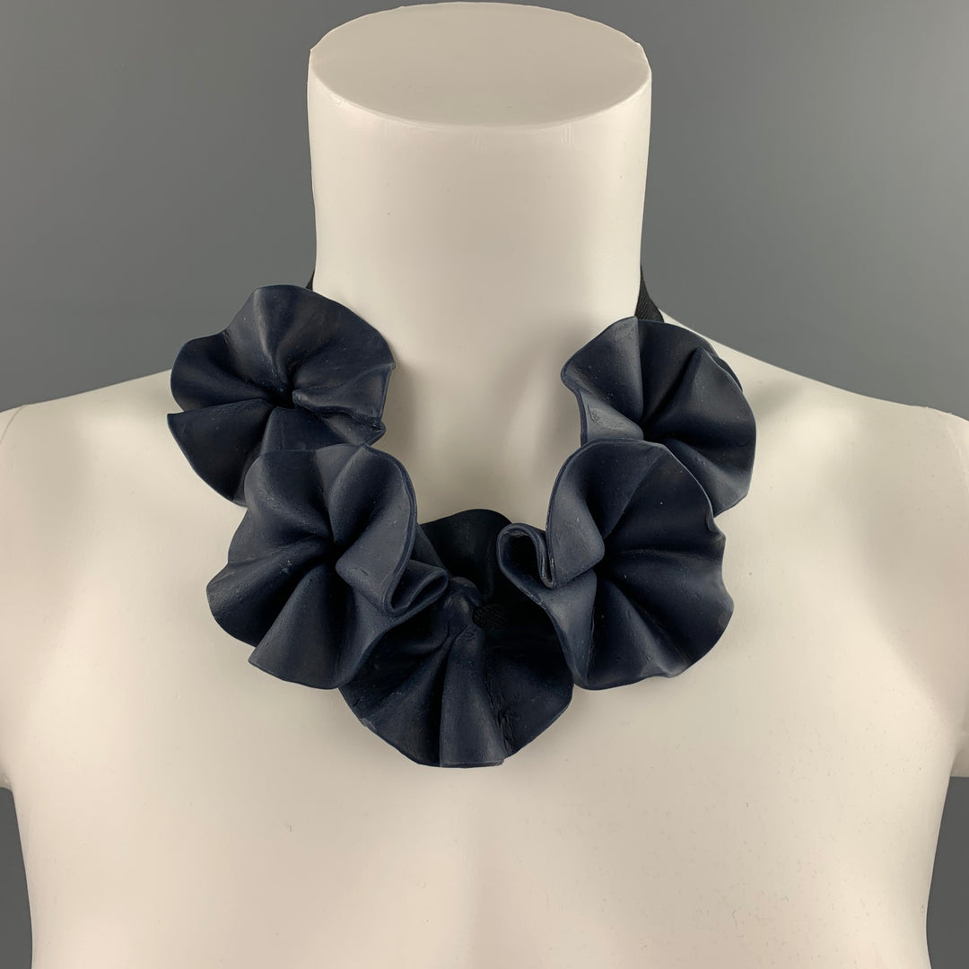 MARNI Blue Vinyl Floral Ribbon Necklace