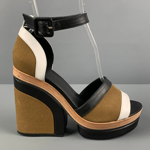 PIERRE HARDY Talla 7 Sandalias de tacón grueso con bloques de color de lona color oliva negro