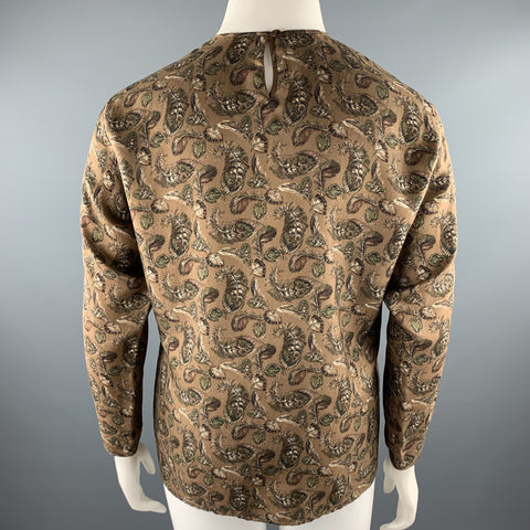JOSEPH ABBOUD Talla 12 Blusa de seda con estampado de plumas marrón