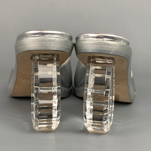 SIMONE ROCHA Size 8 Silver Leather Carved Heel Mule Sandals