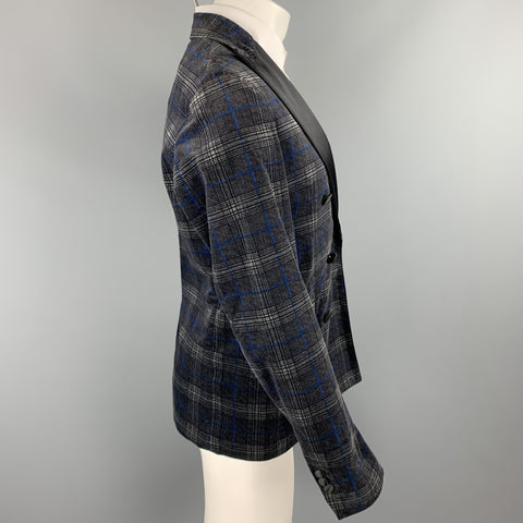 DSQUARED2 Size 40 Grey & Black Plaid Velvet Peak Lapel Double Breasted Sport Coat