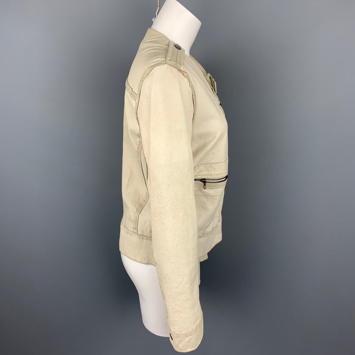 LANVIN Spring 2010 Size 4 Off White Leather Collarless Ruffle Zip Up Jacket