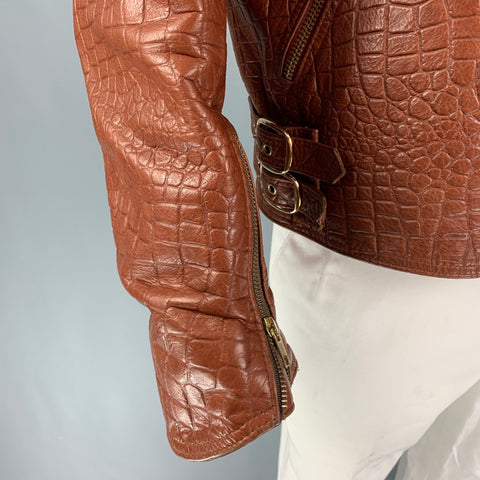 JAKE WOOD Taille XL Veste motard en cuir gaufré marron