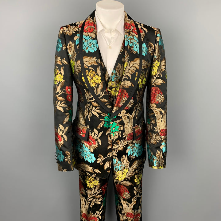 DOLCE & GABBANA F/W 19 Size 42 Black & Multi-Color Brocade Acetate Blend 3 Piece Suit