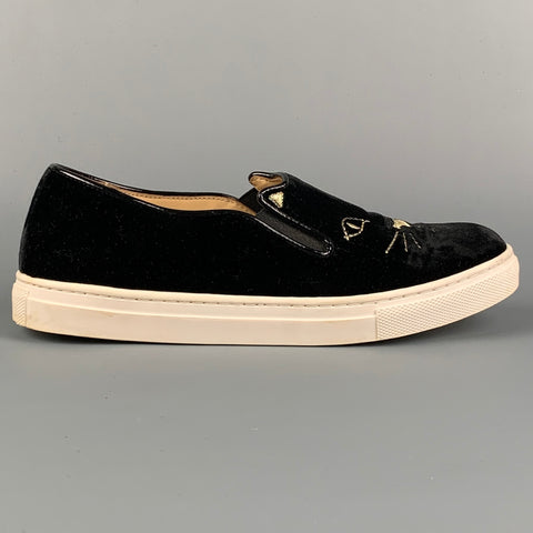 CHARLOTTE OLYMPIA Size 7 Black Velvet Leather Trim Slip On Sneakers