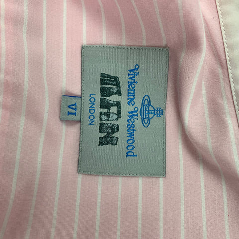 VIVIENNE WESTWOOD MAN Size L Pink White Stripe Cotton Asymmetrical Collar Long Sleeve Shirt