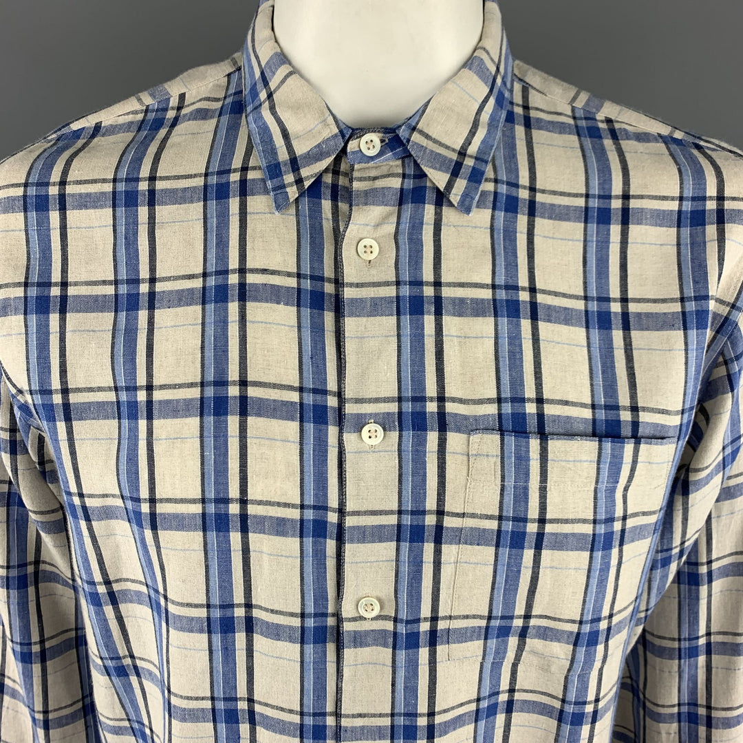 MARGARET HOWELL Size XL Grey & Blue Plaid Linen Button Up Long Sleeve Shirt