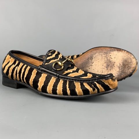 GUCCI Size 9 Black & Beige Zebra Calf Hair Slip On Horsebit Loafers
