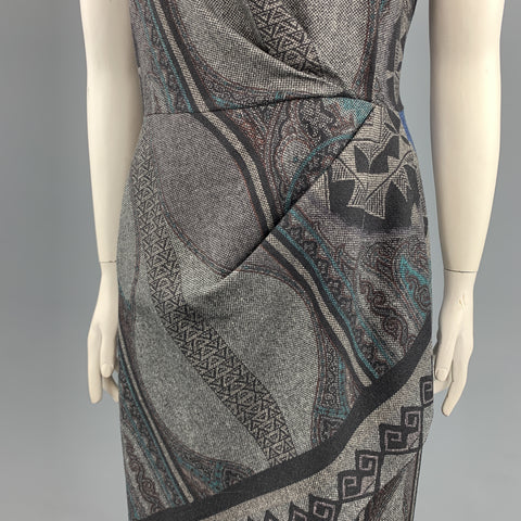 ETRO Talla 12 Vestido recto drapeado sin mangas de mezcla de lana estampada gris