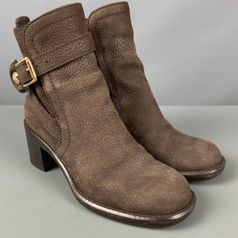 LOUIS VUITTON Talla 5.5 Botas de tacón grueso de cuero marrón con grano de guijarro