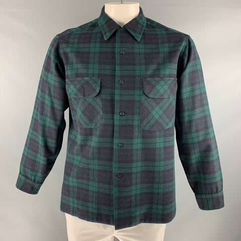 PENDLETON Size L Black Green Plaid Virgin Wool Long Sleeve Shirt