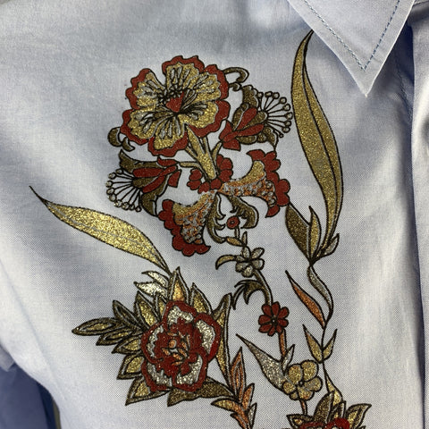 JUST CAVALLI Size XXL Light Blue Glitter Floral Print Dress Shirt