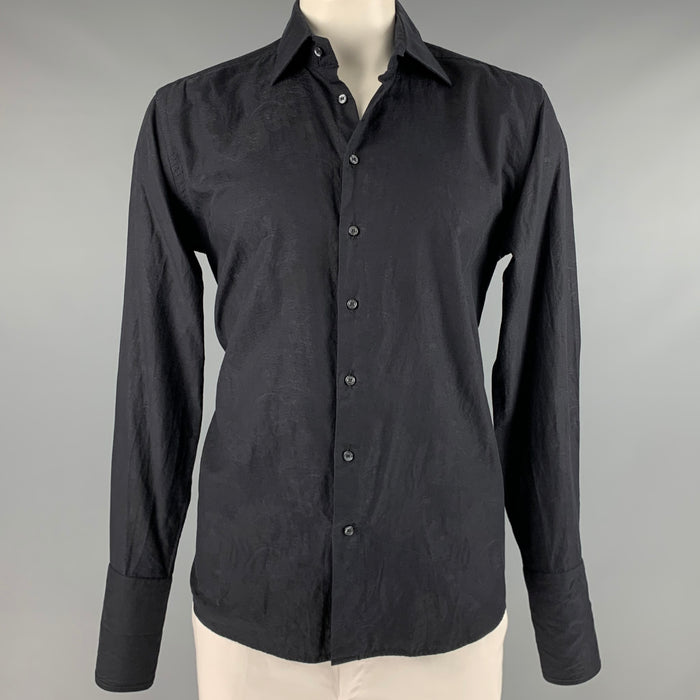 ETRO Size L Black Paisley Cotton French Cuff Long Sleeve Shirt