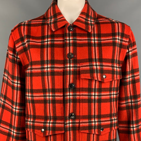 TODD SNYDER Size XXL Red & Black Plaid Wool Patch Pockets Jacket