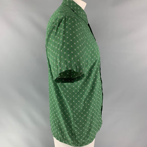 A.P.C. Size XL Green Geometric Cotton & Silk Button Down Short Sleeve Shirt