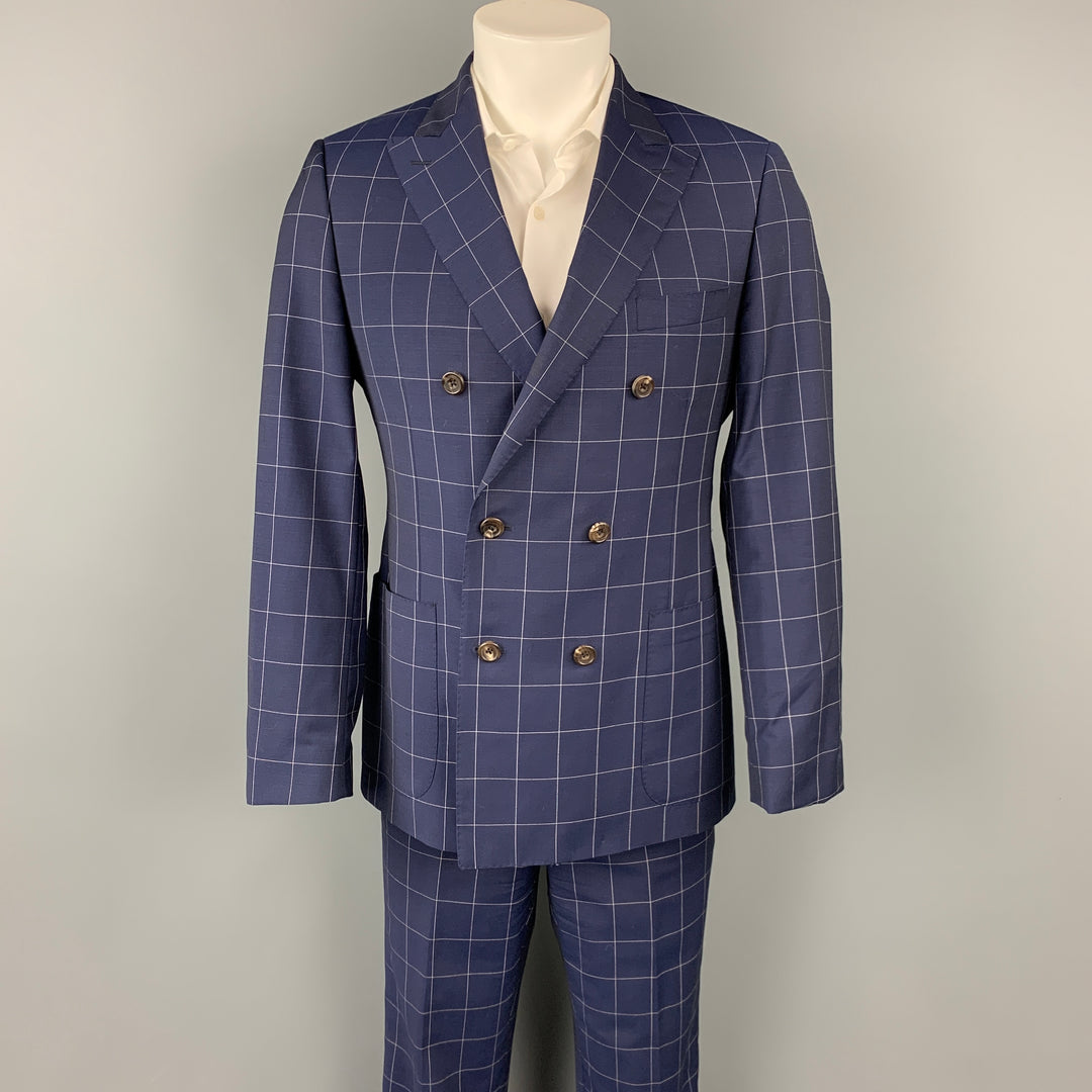 SAMUELSOHN for WILKES BASHFORD Size 38 Regular Navy & White Window Pane Wool / Mohair Suit