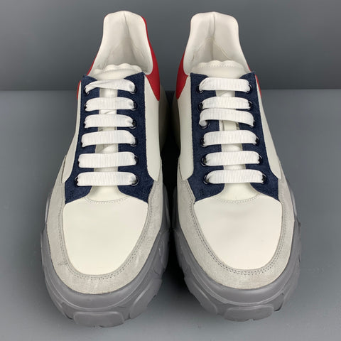 ALEXANDER MCQUEEN Size 11 White Red Blue Color Block Leather Lace Up Sneakers