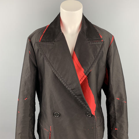 PRADA SS 2018 Size S Brown & Red Print CottonDouble Breasted Pea Coat