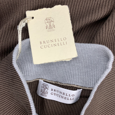 BRUNELLO CUCINELLI Size XL Brown Ribbed Knit Cotton High Mockj Neck Collar Pullover