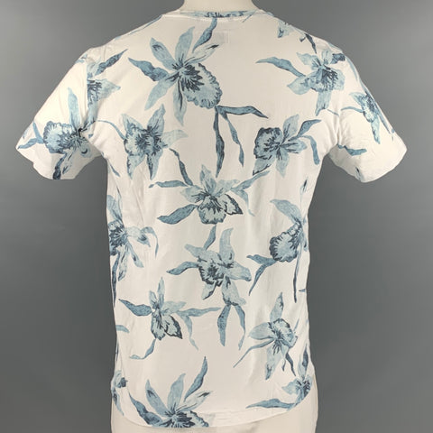 HENTSCH MAN Size L White Navy Floral Cotton Crew Neck T-shirt