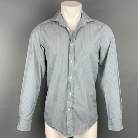 RALPH LAUREN Purple Label Talla S Camisa de manga larga con cuello extendido de algodón a rayas azules y grises