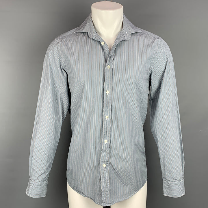 RALPH LAUREN Purple Label Size S Blue & Grey Stripe Cotton Spread Collar Long Sleeve Shirt