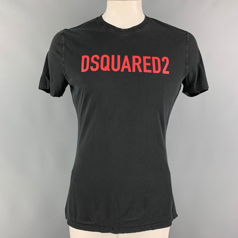 DSQUARED2 Size XXL Black Red Logo Cotton Crew-Neck T-shirt