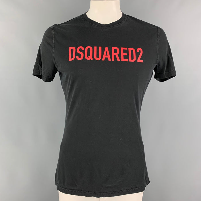 DSQUARED2 Size XXL Black Red Logo Cotton Crew-Neck T-shirt