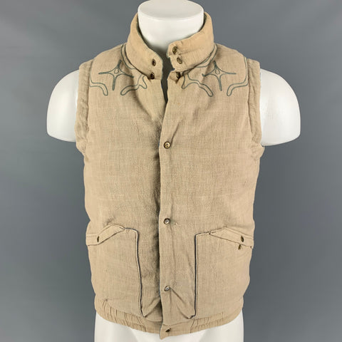 VISVIM Chaleco reversible de lino y algodón con bloques de color azul naranja talla S
